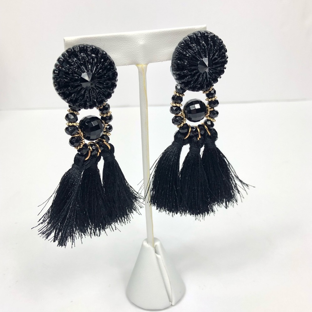 Boho Black Tassel Statement Women Earrings - Picture 2 of 5